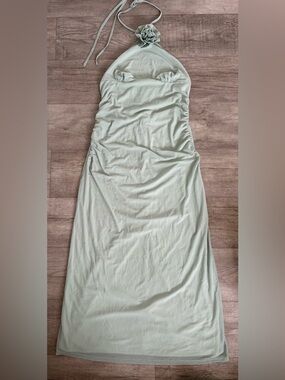 Cupshe Sage Green Halter Neck Maxi Dress with Rosette Detailing Size L NWT